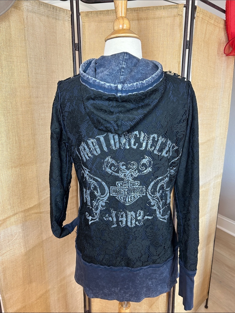 Y2K Harley Davidson Women's Reversible Full Zip Hoodie Blue Black Lace overlay M - Picture 8 of 16